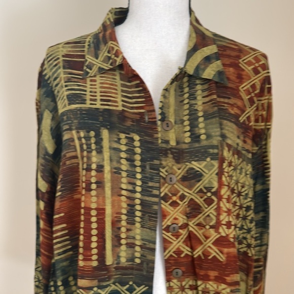 Zion Long Sleeve Tunic Button Down Shirt Blouse Jacket Abstract Brown L - Picture 2 of 6